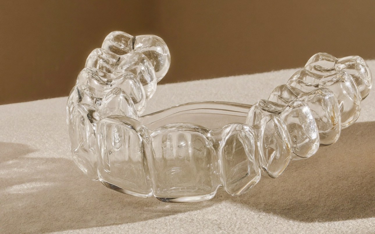 Clear removable retainer on a cream surface